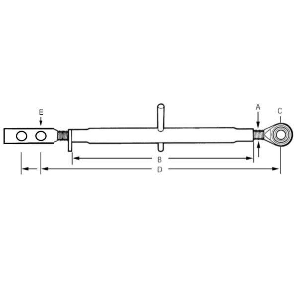 Verstellbare Hubstange (350-500 mm) (Schwerlastversion) Abmessungen: A: M26 B: 15,5 cm C: 19 mm (Kat. 1) D Minimum: 35 cm D Maximum: 50 cm E: 16 mm
